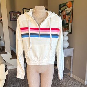 Spiritual Gangster EUC White/Cream Cozy 3/4 zip Hoodie Rainbow Stripe Medium